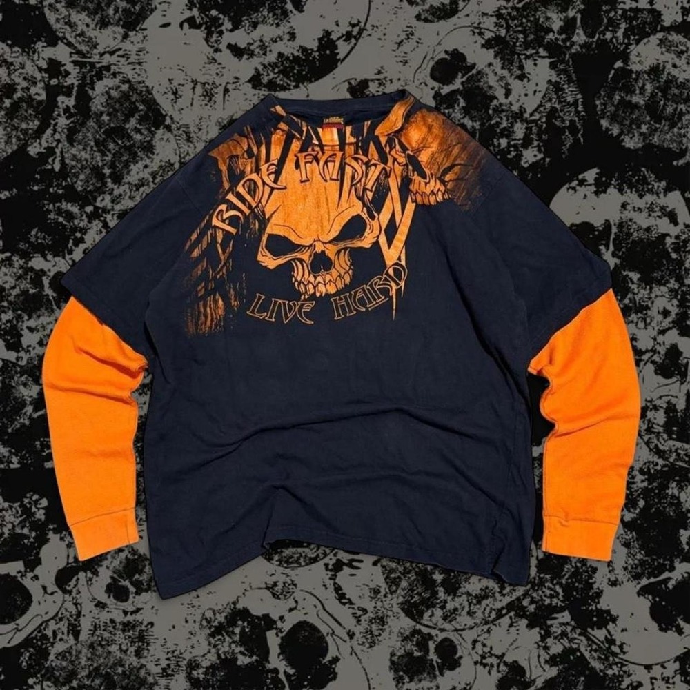 Hot Leathers OCC Thunder Skull Flame Double Sleeve Biker Shirt Men's XL